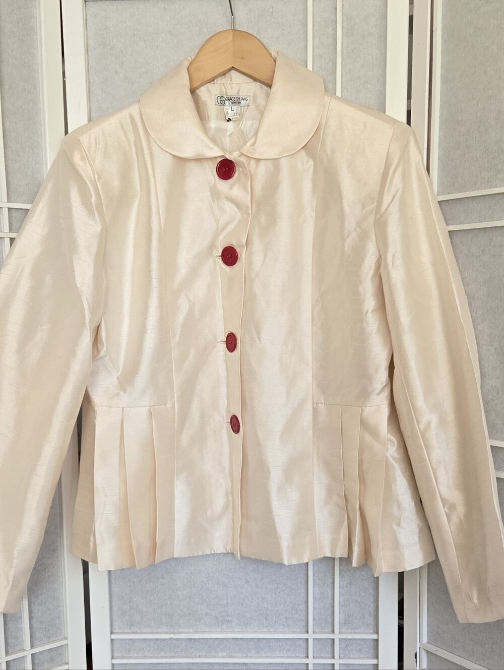 Vintage Satin Cream Blazer with Red Buttons